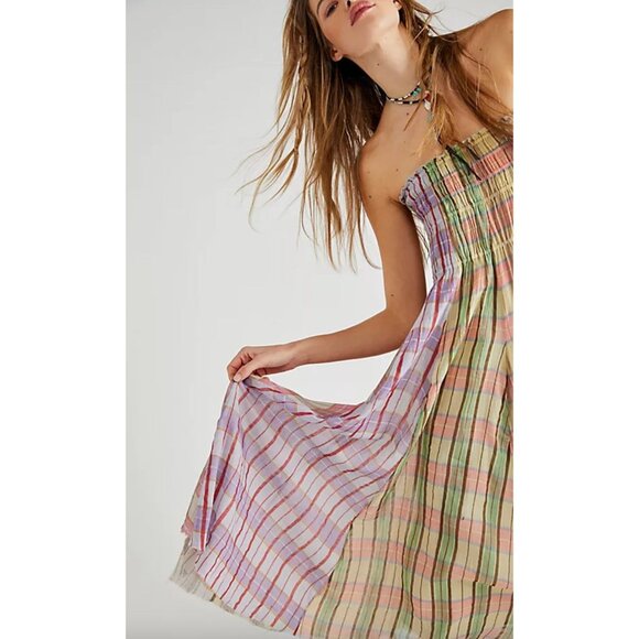 Free People Lausanne Convertible Maxi Skirt Dress Size Medium Pastel Plaids - Picture 2 of 5